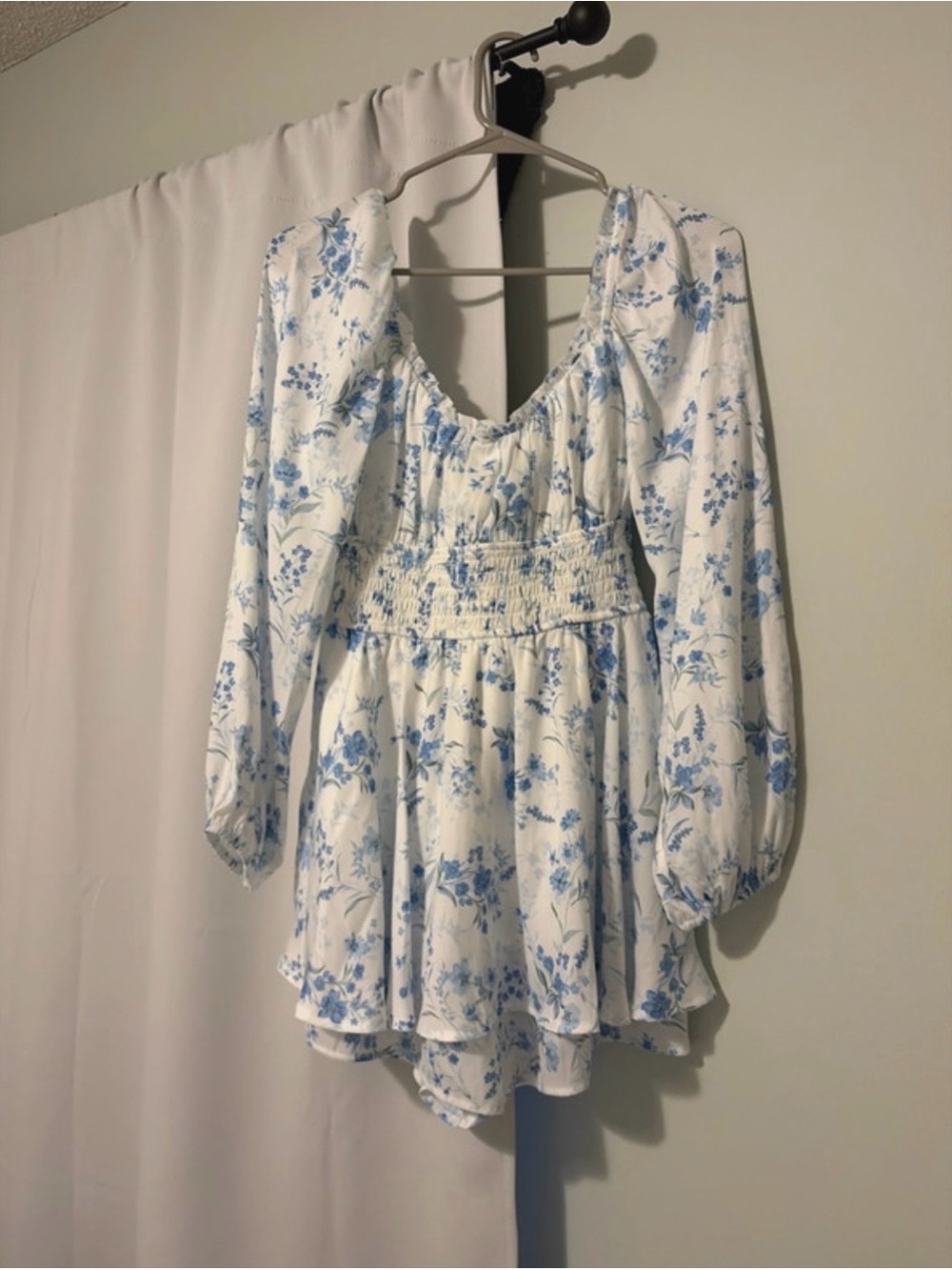 Altar'd State White & Blue Floral Smocked Waist Romper